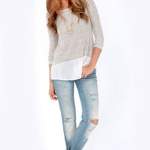 Gray and White Long Sleeve Top